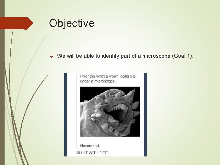 Objective We will be able to identify part of a microscope (Goal 1). 