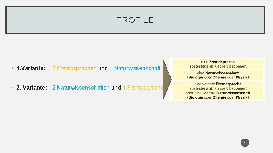 PROFILE • 1. Variante: 2 Fremdsprachen und 1 Naturwissenschaft • 2. Variante: 2 Naturwissenschaften