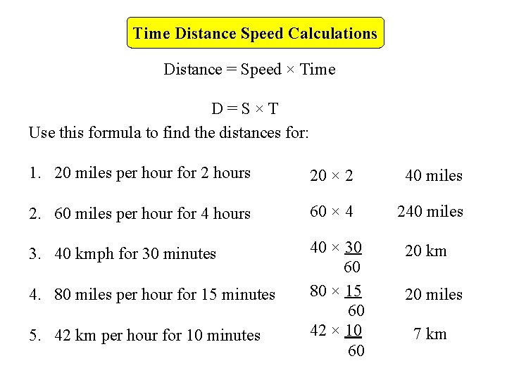 Time Distance Speed Calculations Distance = Speed × Time D=S×T Use this formula to