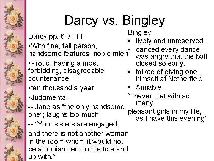 Darcy vs. Bingley Darcy pp. 6 -7; 11 • lively and unreserved, • With
