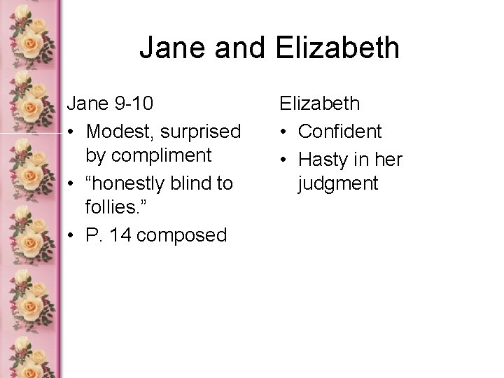 Jane and Elizabeth Jane 9 -10 • Modest, surprised by compliment • “honestly blind