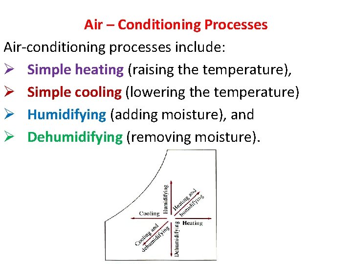 Air – Conditioning Processes Air-conditioning processes include: Ø Simple heating (raising the temperature), Ø