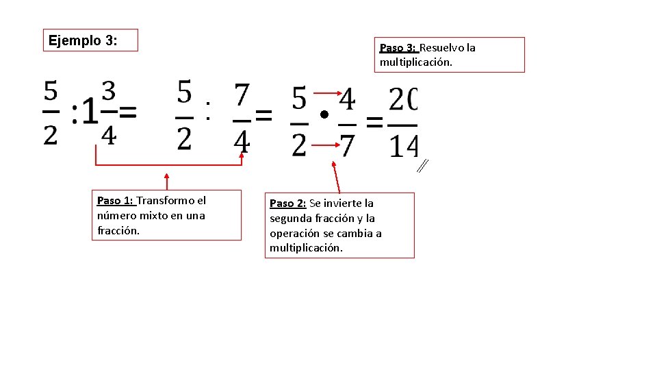 Ejemplo 3: Paso 3: Resuelvo la multiplicación. : Paso 1: Transformo el número mixto