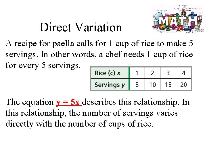 Direct Variation A recipe for paella calls for 1 cup of rice to make