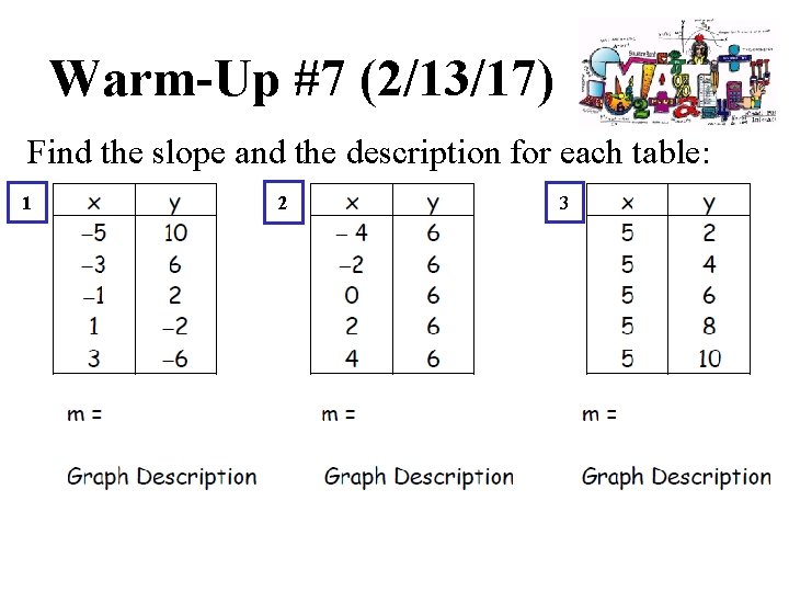 Warm-Up #7 (2/13/17) Find the slope and the description for each table: 1 2