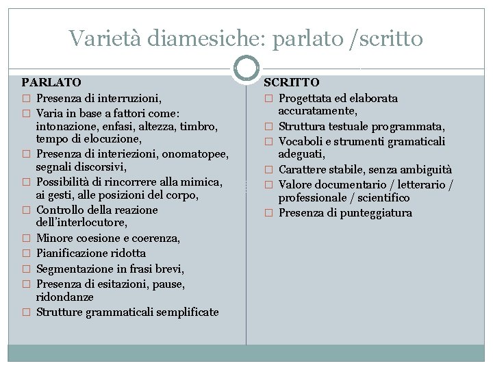 Varietà diamesiche: parlato /scritto PARLATO � Presenza di interruzioni, � Varia in base a