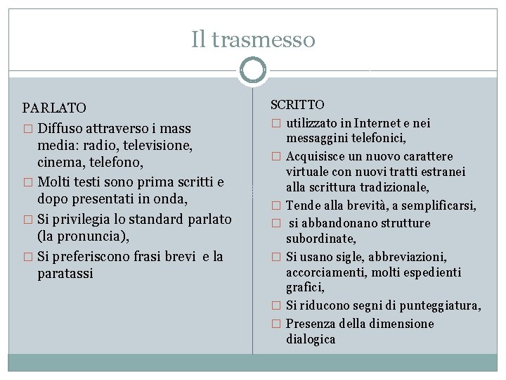 Il trasmesso PARLATO � Diffuso attraverso i mass media: radio, televisione, cinema, telefono, �