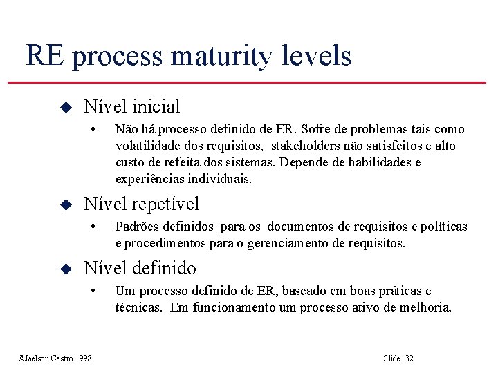 RE process maturity levels u Nível inicial • u Nível repetível • u Não