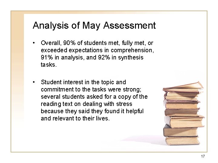 Analysis of May Assessment • Overall, 90% of students met, fully met, or exceeded
