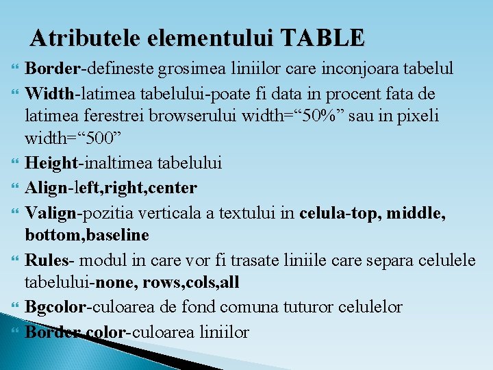 Atributele elementului TABLE Border-defineste grosimea liniilor care inconjoara tabelul Width-latimea tabelului-poate fi data in