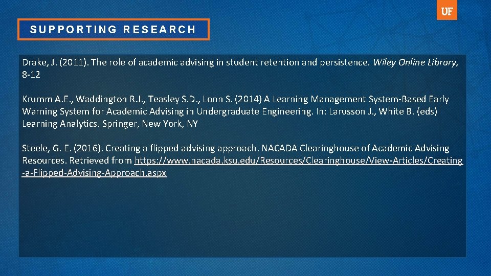 SUPPORTING RESEARCH Drake, J. (2011). The role of academic advising in student retention and