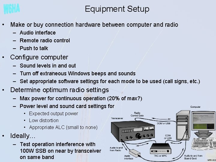 Equipment Setup • Make or buy connection hardware between computer and radio – Audio