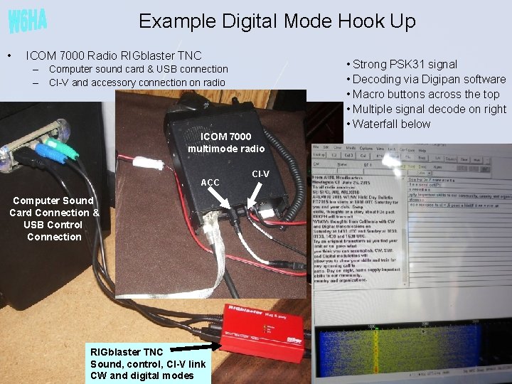 Example Digital Mode Hook Up • ICOM 7000 Radio RIGblaster TNC • Strong PSK