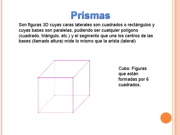 Prismas Son figuras 3 D cuyas caras laterales son cuadrados o rectángulos y cuyas