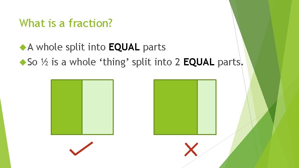 What is a fraction? A whole split into EQUAL parts So ½ is a