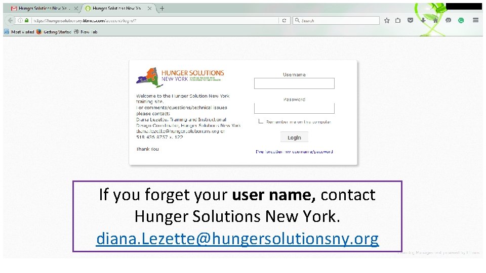 If you forget your user name, contact Hunger Solutions New York. diana. Lezette@hungersolutionsny. org