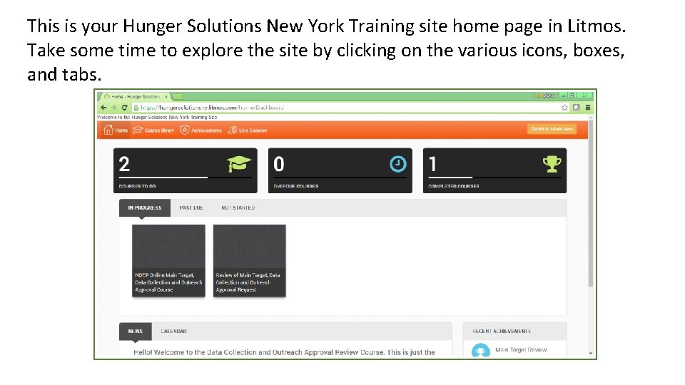 This is your Hunger Solutions New York Training site home page in Litmos. Take