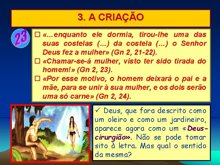 3. A CRIAÇÃO «…enquanto ele dormia, tirou-lhe uma das suas costelas (…) da costela