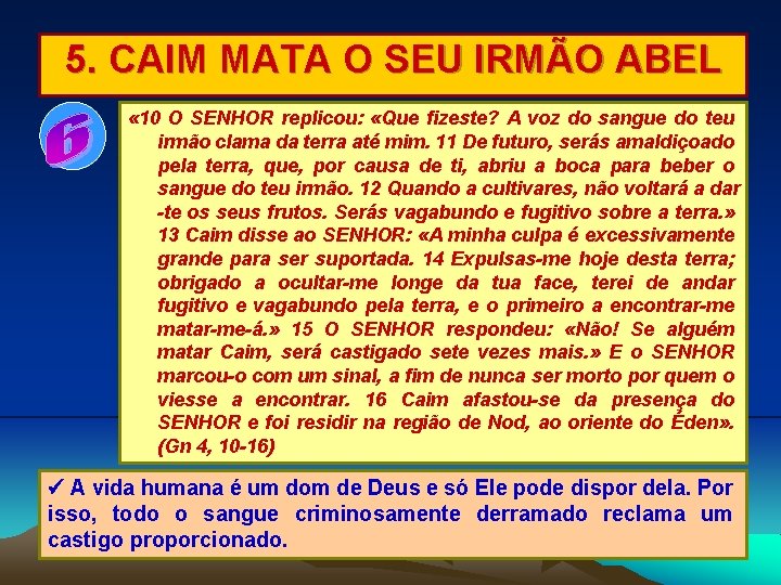 5. CAIM MATA O SEU IRMÃO ABEL « 10 O SENHOR replicou: «Que fizeste?