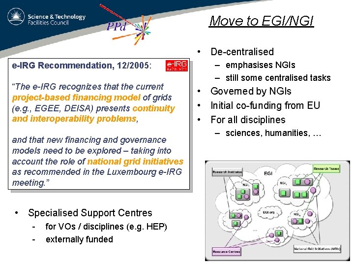 Move to EGI/NGI • De-centralised e-IRG Recommendation, 12/2005: “The e-IRG recognizes that the current