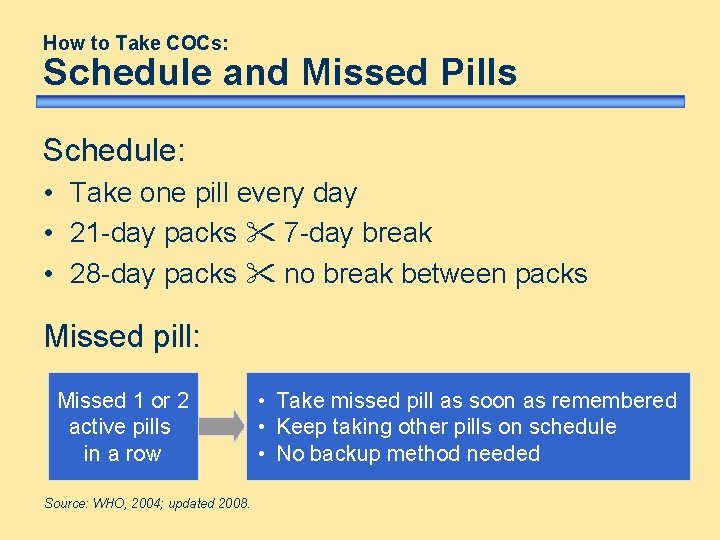 How to Take COCs: Schedule and Missed Pills Schedule: • Take one pill every How to Take COCs: Schedule and Missed Pills Schedule: • Take one pill every