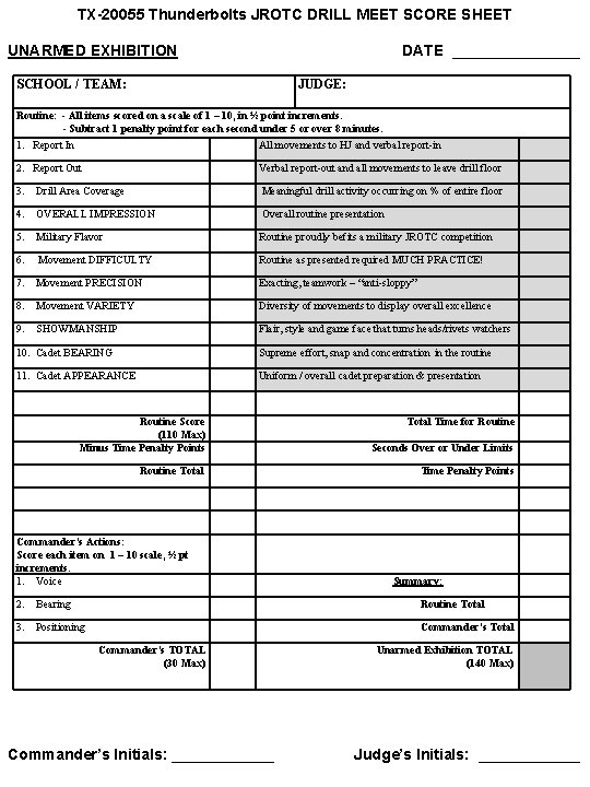 TX-20055 Thunderbolts JROTC DRILL MEET SCORE SHEET UNARMED EXHIBITION DATE ________ SCHOOL / TEAM: