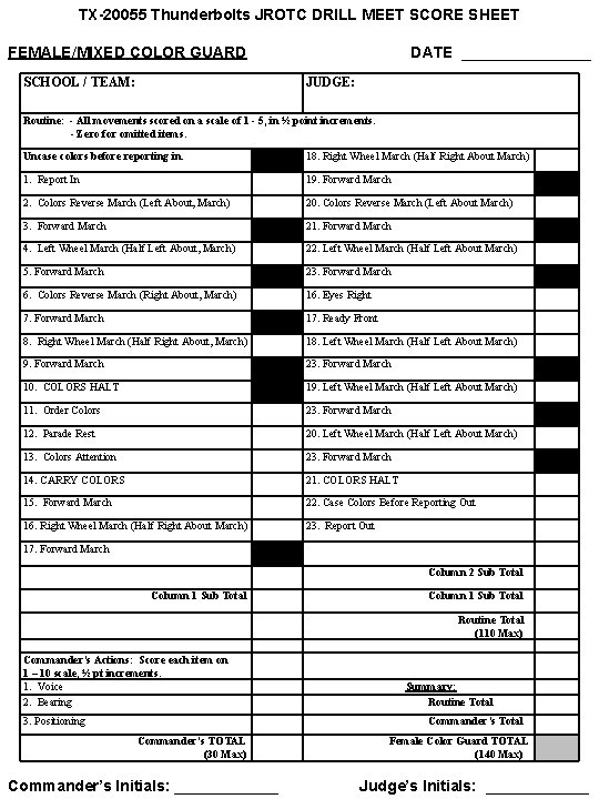 TX-20055 Thunderbolts JROTC DRILL MEET SCORE SHEET FEMALE/MIXED COLOR GUARD SCHOOL / TEAM: DATE