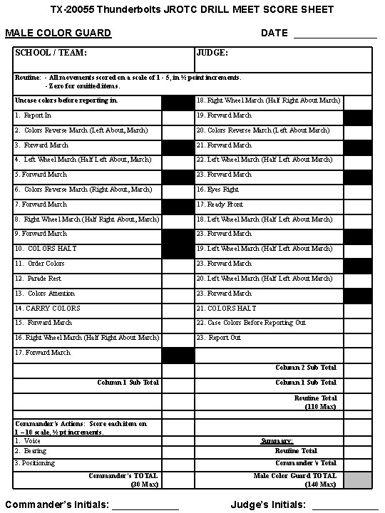 TX-20055 Thunderbolts JROTC DRILL MEET SCORE SHEET MALE COLOR GUARD SCHOOL / TEAM: DATE