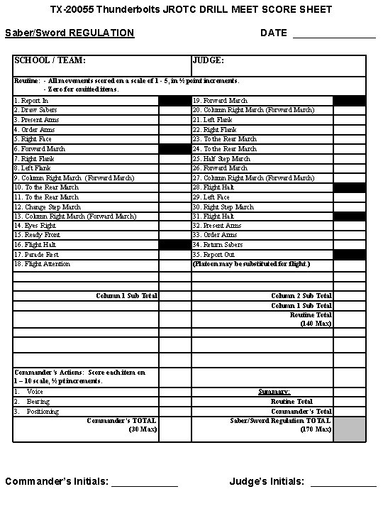 TX-20055 Thunderbolts JROTC DRILL MEET SCORE SHEET Saber/Sword REGULATION SCHOOL / TEAM: DATE ________