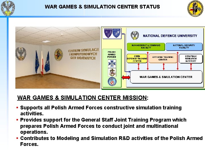 WAR GAMES & SIMULATION CENTER STATUS WAR GAMES & SIMULATION CENTER MISSION: § Supports