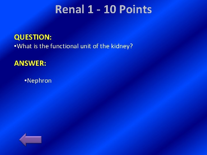Renal 1 - 10 Points QUESTION: • What is the functional unit of the