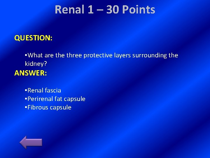 Renal 1 – 30 Points QUESTION: • What are three protective layers surrounding the