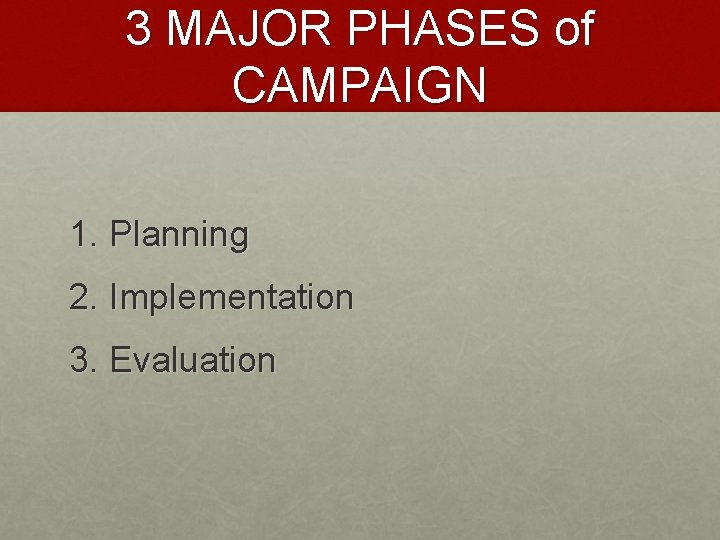 3 MAJOR PHASES of CAMPAIGN 1. Planning 2. Implementation 3. Evaluation 