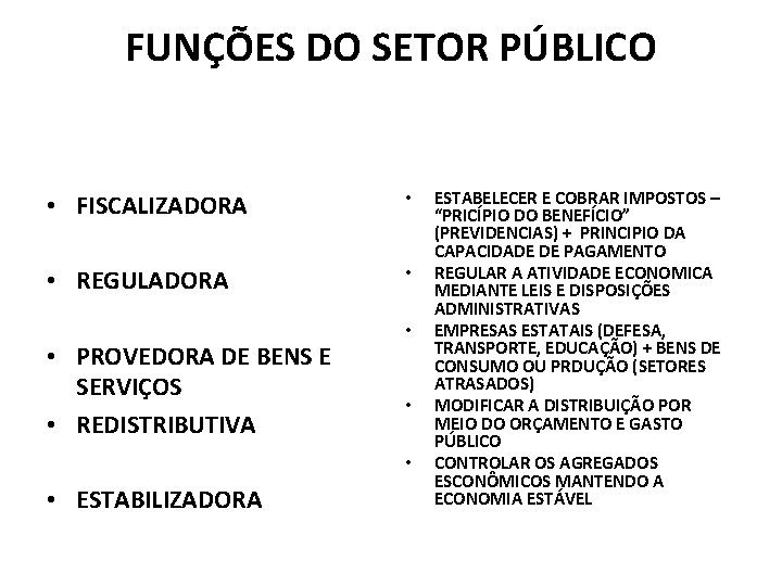 FUNÇÕES DO SETOR PÚBLICO • FISCALIZADORA • • REGULADORA • • PROVEDORA DE BENS FUNÇÕES DO SETOR PÚBLICO • FISCALIZADORA • • REGULADORA • • PROVEDORA DE BENS