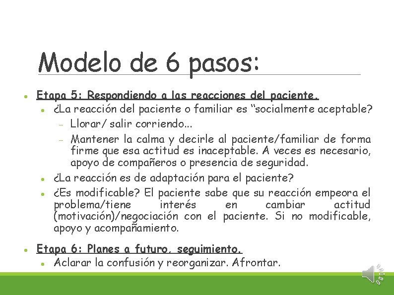 Modelo de 6 pasos: Etapa 5: Respondiendo a las reacciones del paciente. ¿La reacción