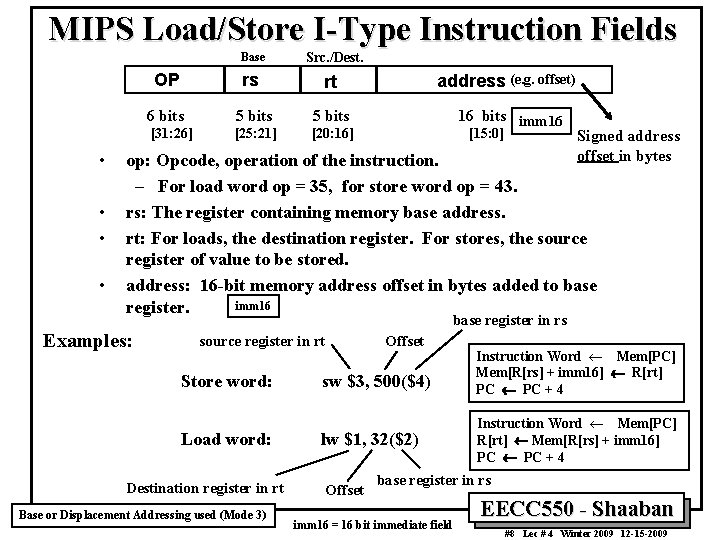 MIPS Load/Store I-Type Instruction Fields Base • • Src. /Dest. OP rs rt address