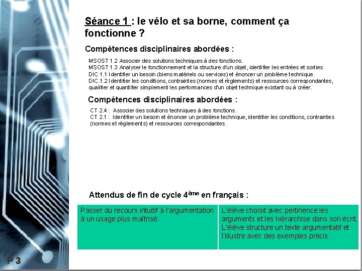 Séance 1 : le vélo et sa borne, comment ça fonctionne ? Compétences disciplinaires