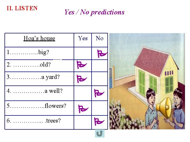 II. LISTEN Yes / No predictions Hoa’s house Yes 1…………. . big? 2. ………….