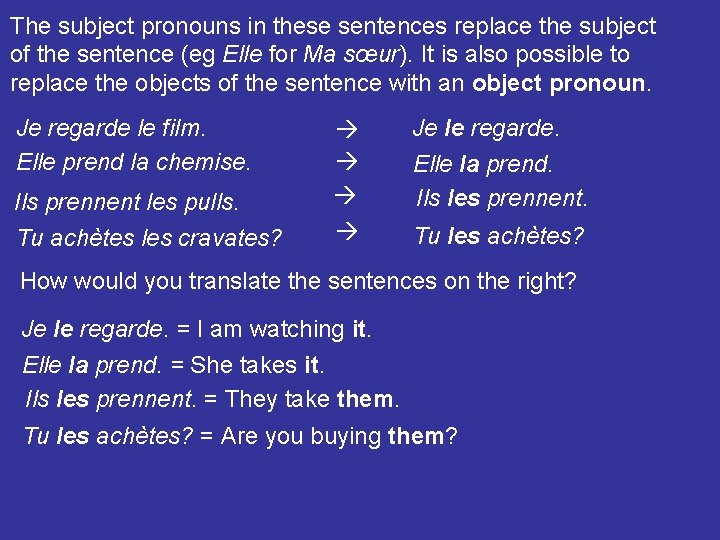 The subject pronouns in these sentences replace the subject of the sentence (eg Elle