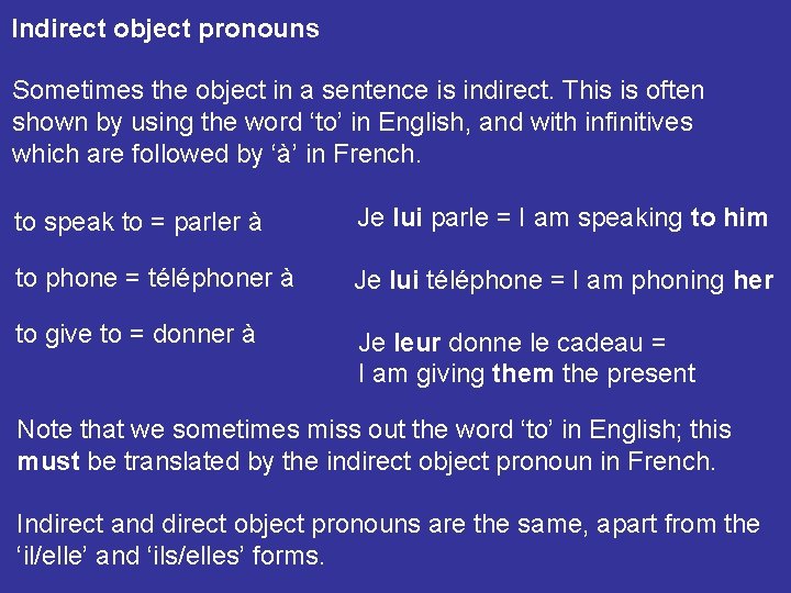 Indirect object pronouns Sometimes the object in a sentence is indirect. This is often