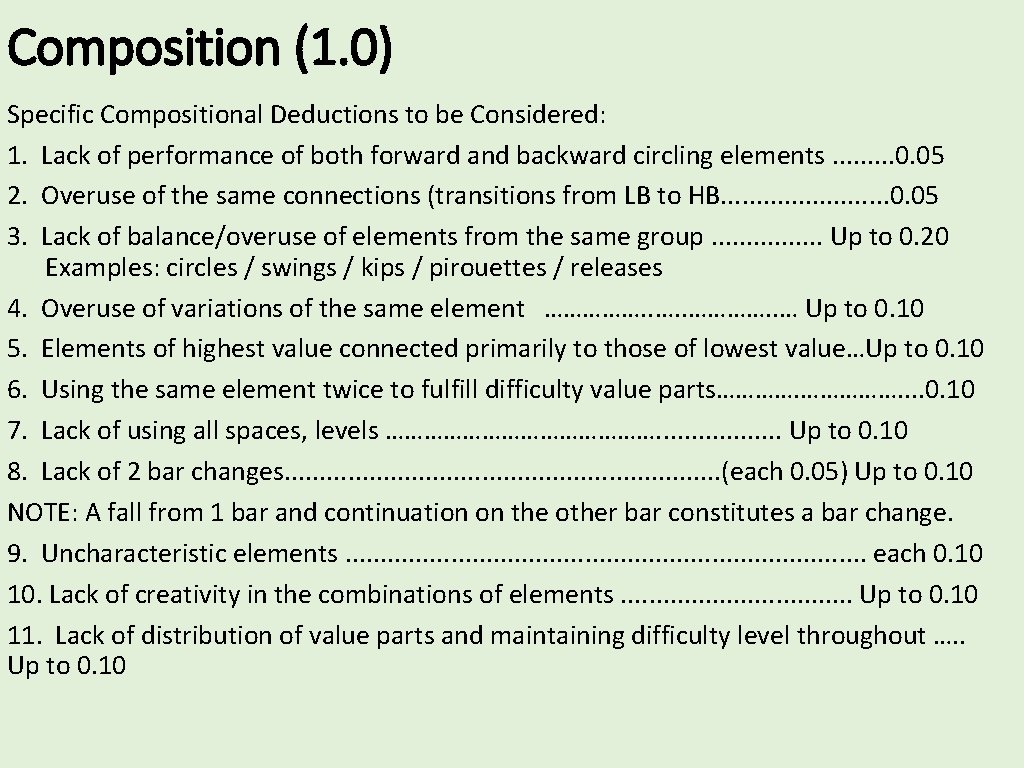 Composition (1. 0) Specific Compositional Deductions to be Considered: 1. Lack of performance of