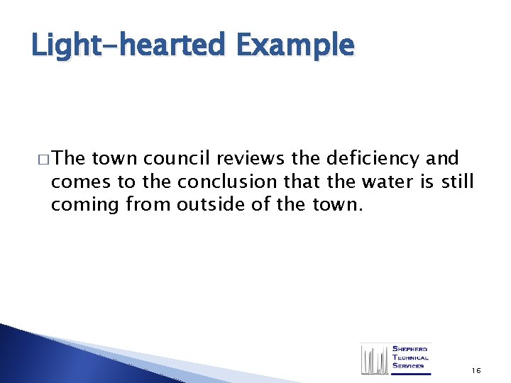 Light-hearted Example � The town council reviews the deficiency and comes to the conclusion