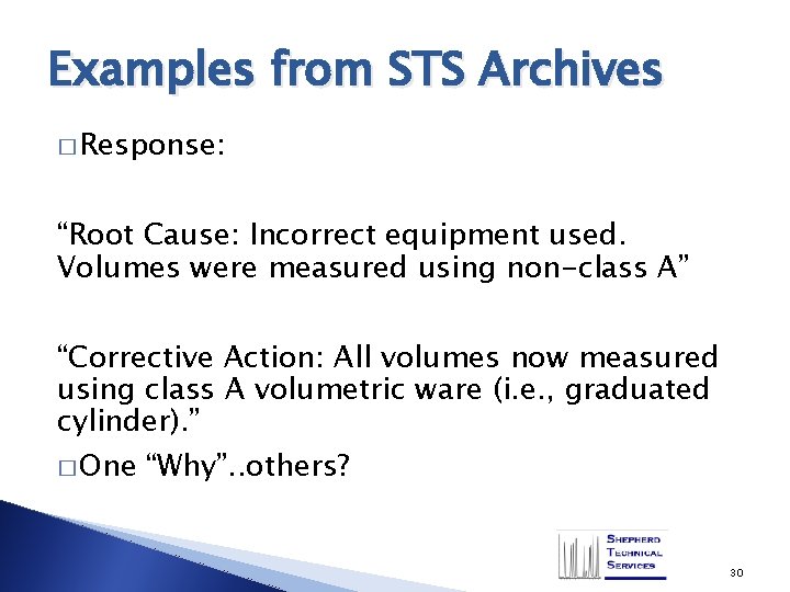 Examples from STS Archives � Response: “Root Cause: Incorrect equipment used. Volumes were measured