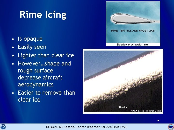 Rime Icing • • Is opaque Easily seen Lighter than clear ice However…shape and