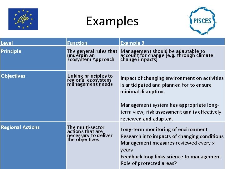 Examples Level Principle Function The general rules that underpin an Ecosystem Approach Example 3