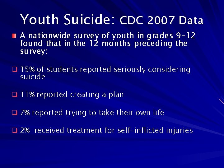 Youth Suicide: CDC 2007 Data A nationwide survey of youth in grades 9 -12