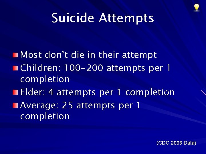 Suicide Attempts Most don’t die in their attempt Children: 100 -200 attempts per 1