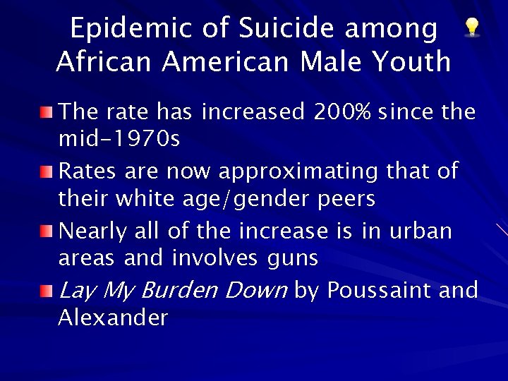 Epidemic of Suicide among African American Male Youth The rate has increased 200% since