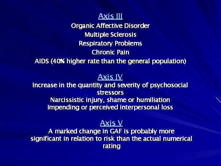 Axis III Organic Affective Disorder Multiple Sclerosis Respiratory Problems Chronic Pain AIDS (40% higher