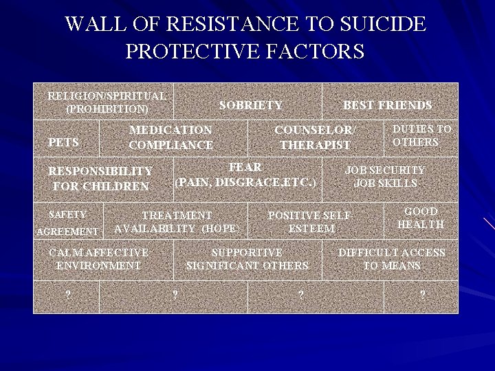 WALL OF RESISTANCE TO SUICIDE PROTECTIVE FACTORS RELIGION/SPIRITUAL (PROHIBITION) PETS MEDICATION COMPLIANCE RESPONSIBILITY FOR